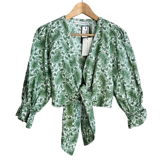 Faithfull the Brand Jacinta Top Size XS Green Sable Paisley Cropped Tie Front - Picture 1 of 10